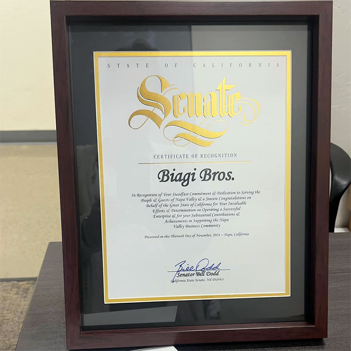 Biagi Bros Receives Certificate of Recognition from Senator Bill Dodd